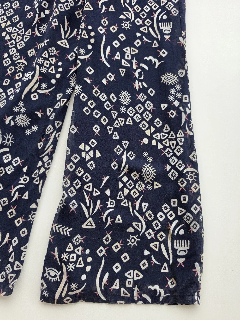 Tory Burch Silk Navy Blue Geometric Tribal Print Wide Leg Jumpsuit